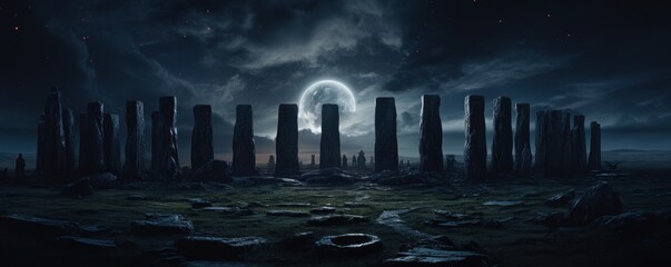 Standing stones on Salisbury Plain in the moonlight - obrazy, fototapety, plakaty
