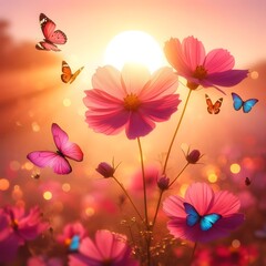 Flowers and butterflies. Generative ai