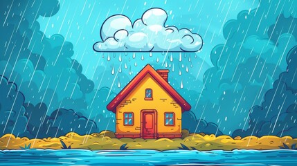 Cartoon house under a rain cloud, bright background, metaphor for housing market crash