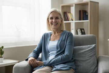 Portrait of happy laughing aged woman smile look at camera resting seated in cozy armchair, having...