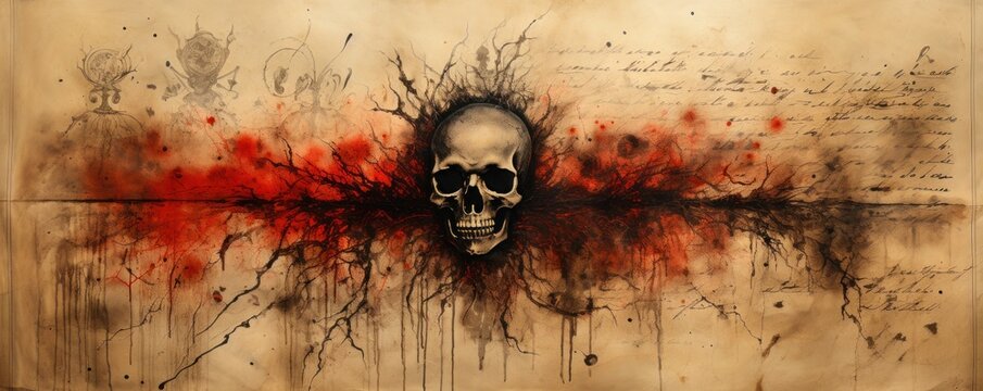 A skull with red and black paint splatters on an old paper background.