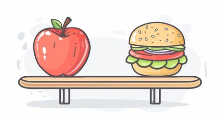 Cartoon apple and burger on a seesaw, isolated background, nutritional choices and health impacts