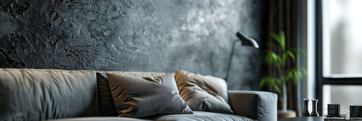 Close-up of a textured accent wall in a bedroom, hyperrealistic photography of modern interior design