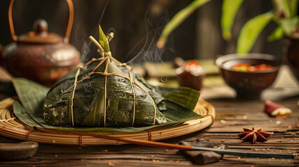 Steaming zongzi wrapped in bamboo leaves on a table. - obrazy, fototapety, plakaty