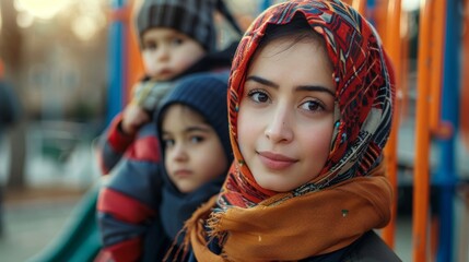 A woman of Middle Eastern descent wearing hijab takes her children to the playground