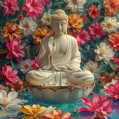 Realistic picture of  Buddha statue surrounded by colorful flowers  Complete with a bowl of water and floating jasmine flowers - obrazy, fototapety, plakaty