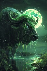 Thai buffalo in the half moon night White moonlight, green, exciting, splashing light, complex slime color digital painting