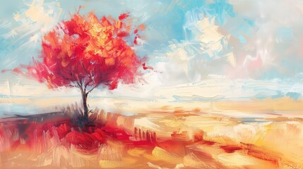 Abstract summer landscape red acacia tree oil painting banner