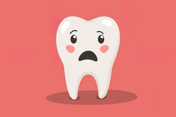 A cartoon illustration of a sad tooth with a frown, representing dental issues or the need for proper oral care, against a coral background, AI Generated