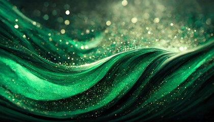 Dark abstract background with wavy green dust.  - 783836755