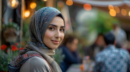 Fototapeta premium A Middle Eastern woman in hijab chats with friends at a neighborhood gathering
