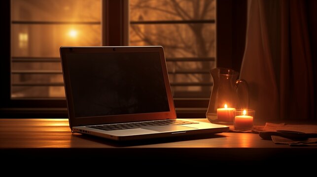 A sleek laptop glowing softly in a dimly lit room, casting a warm ambiance.