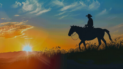 Cowboy on horse back at dawn