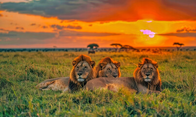 Threee lions at sunrise - 783836971