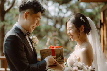 Joyful Newlyweds with Gift at Outdoor Wedding Reception - obrazy, fototapety, plakaty