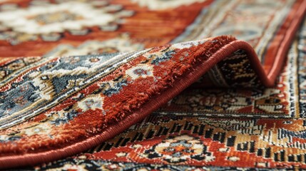 A detailed vintage-style Arabian rug, featuring traditional Sadu motifs in a vibrant red color scheme - obrazy, fototapety, plakaty