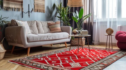 A detailed vintage-style Arabian rug, featuring traditional Sadu motifs in a vibrant red color scheme - obrazy, fototapety, plakaty