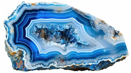 An amazing colorful cross section of a blue agate crystal, isolated on a white background - obrazy, fototapety, plakaty