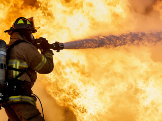 Firefighter in Action Against Blazing Fire