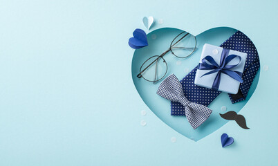 Fathers' Day celebration idea. Top view arrangement of elegant necktie, bow tie, gift box, glasses,...
