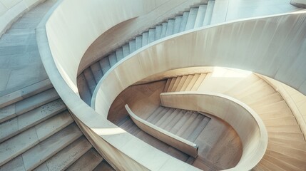 A top view of curvilinear stairs, showcasing a striking example of modern architectural design - obrazy, fototapety, plakaty