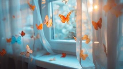   A tight shot of a window revealing butterflies in flight outside, adjacent to a windowsill