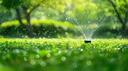 Fotobehang A garden sprinkler waters a lush green lawn on a sunny summer day, capturing droplets in mid-air © Chingiz