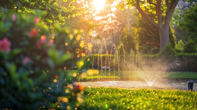 A garden sprinkler waters a lush green lawn on a sunny summer day, capturing droplets in mid-air