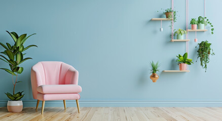 A serene pastel blue wall with minimal decor, featuring an armchair and shelf for potted plants, creating a calming home interior design