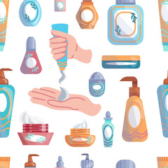 seamless patterns with different versions of cream bottles and hands that apply the cream are isolated on a transparent background.