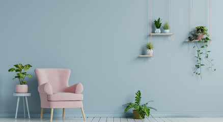 A serene pastel blue wall with minimal decor, featuring an armchair and shelf for potted plants, creating a calming home interior design