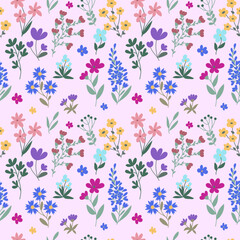 seamless pattern with wildflowers: flowers, twigs, leaves, herbs, other elements are hand-drawn in a flat style. For the design of medical packaging, wallpaper, product design
