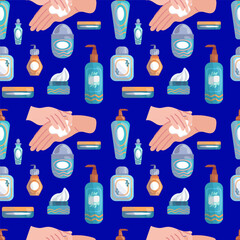 seamless pattern with different versions of cream jars and hands applying cream on a bright blue background, for the design and decoration of packaging and postcards of a cosmetics store, spa salon