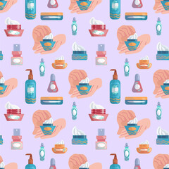 seamless pattern with different versions of cream jars and hands applying cream, for the design and decoration of packaging and postcards of a cosmetics store, spa salon