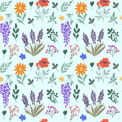 seamless pattern with wildflowers: flowers, twigs, leaves, herbs, other elements are hand-drawn in a flat style. For the design of medical packaging, wallpaper, product design