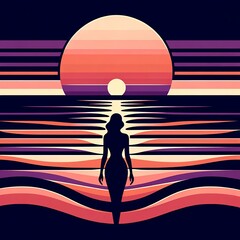 夕陽を見つめる、レトロ調なイラスト