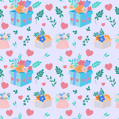 seamless pattern  of cute gifts  decorated with flowers, leaves and bows, illustrations in a flat Hand -drawn cartoon style. For design of packaging, wallpaper, product design