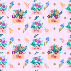 seamless pattern of cute hand-drawn bouquets of flowers and flowers in envelopes, greeting card and design elements for spring holidays, illustrations in a flat Spring postcard.