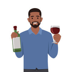 Young man character holding a bottle of wine. Flat vector illustration isolated on white background