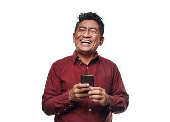 Joyful Man with Phone on White