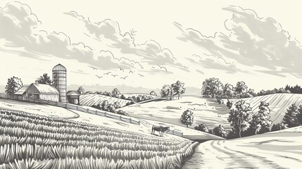 A panoramic rural landscape featuring a quaint farm