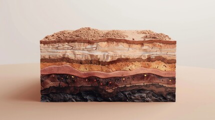 A detailed 3D illustration depicting the cross-section of soil layers, isolated on a light background