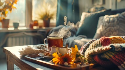 A cozy still life setup in a living room featuring neatly folded sweaters and a steaming cup of tea - obrazy, fototapety, plakaty