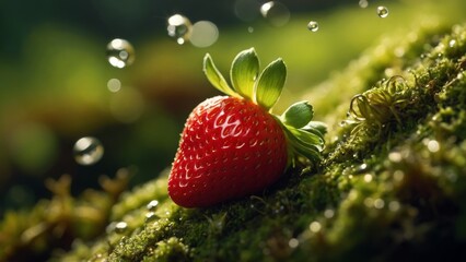 Ripe strawberry on vibrant green moss, sunlight shining through dew
