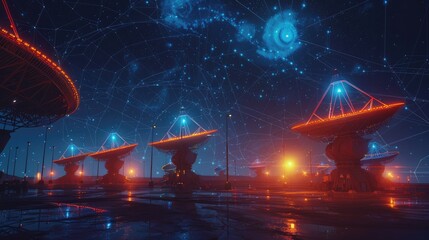 Night-time radio telescope collection with starry night with hologram HUD is a wide banner for space research.
