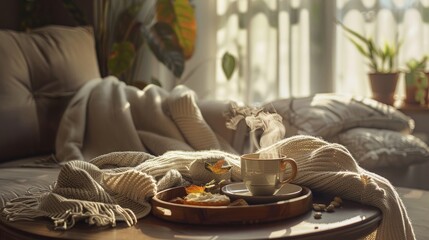 A cozy still life setup in a living room featuring neatly folded sweaters and a steaming cup of tea