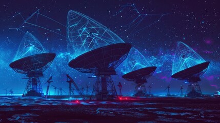 Night-time radio telescope collection with starry night with hologram HUD is a wide banner for space research. - obrazy, fototapety, plakaty