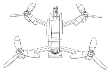 FPV Drone Racing freestyle sport flight. Hobby toys. Wireframe low poly mesh vector illustration.