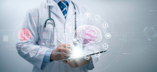 Medical worker  checking brain testing result with computer interface, innovative technology in...