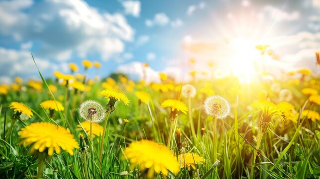 An inviting meadow adorned with fresh green grass and vibrant yellow dandelion flowers